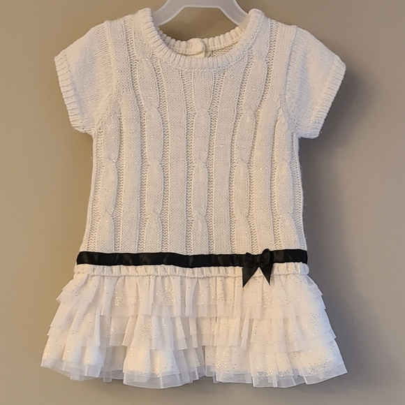 Ivory short sleeved sweater dress with lace ruffle bottom - Picture 1 of 3